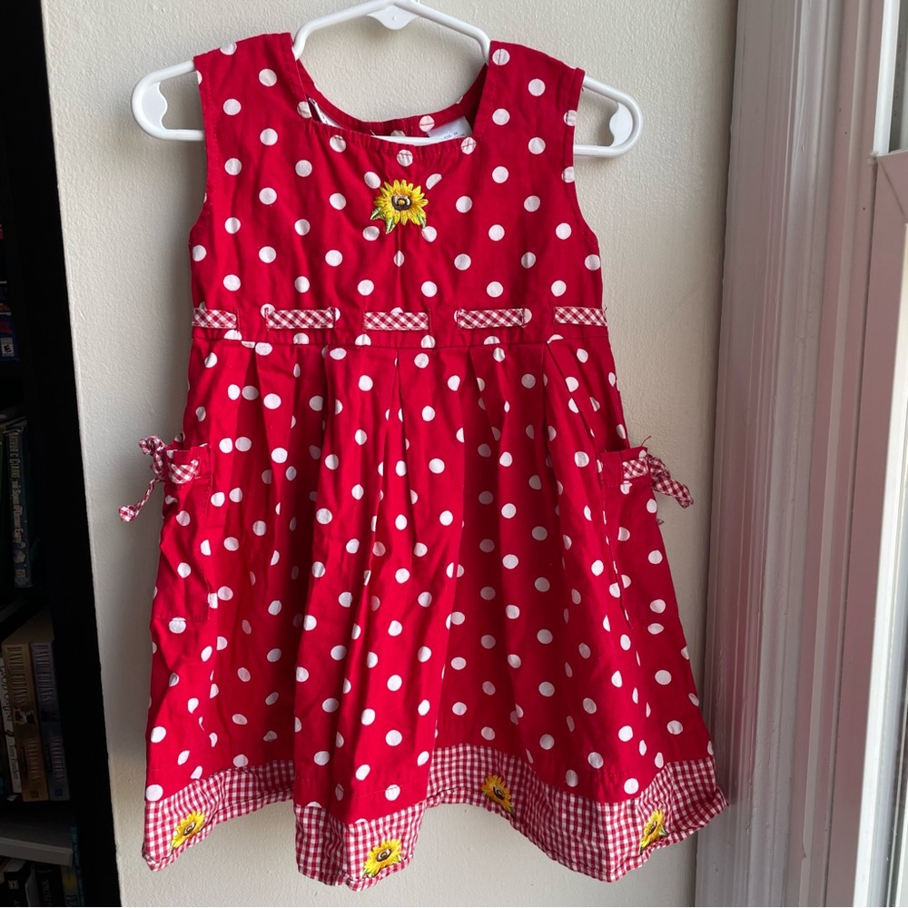 BLUBERI BOULEVARD RED POLKA DOT EMBROIDERED SUNFLOWER DRESS SIZE 3T